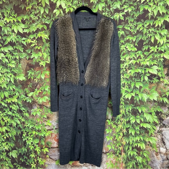 ANN TAYLOR Longline Gray Faux Fur Alpaca/Wool Blend Cardigan Duster, S - Picture 3 of 9